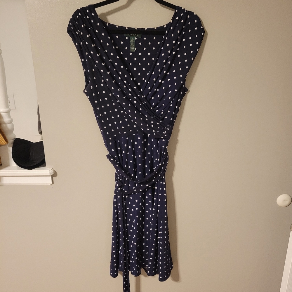 Navy and White Faux wrap dress with ruching